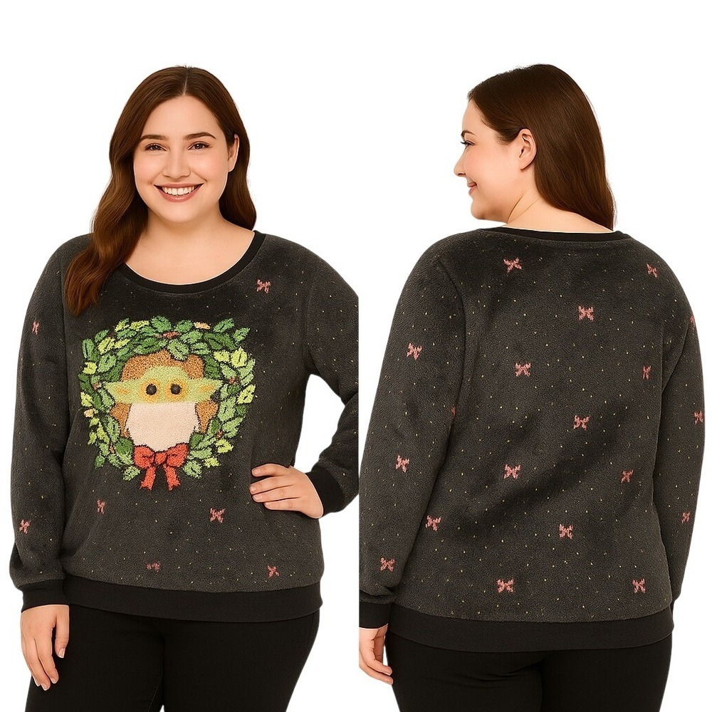 Star Wars Grogu Holiday Sweatshirt Size L Black Fuzzy‎ Christmas Wreath Pullover